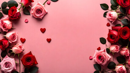 Your loved one need love, appreciation, and admiration, pink background with frame of pink and red roses and green leaves  - obrazy, fototapety, plakaty