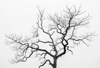 Branch and tree silhouette on white backdrop. Natural texture backdrop for graphic design and decor. Artistic black and white composition.