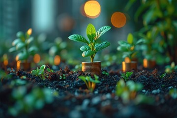 the growth and goal of business with boxes, plants, and coins, in the style of nature-inspired imagery,  simple and elegant style, photorealistic details, villagecore, happenings