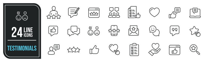 Testimonial minimal thin line icons. Related feedback, revie, rating, survey. Editable stroke. Vector illustration.
