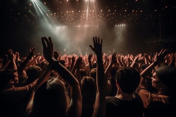 Fototapeta na wymiar Energetic Concert Revelry: Dynamic Crowd of People Dancing, Vibrant Music Celebration.