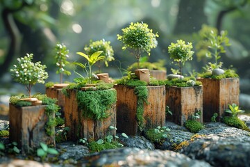the growth and goal of business with boxes, plants, and coins, in the style of nature-inspired imagery,  simple and elegant style, photorealistic details, villagecore, happenings