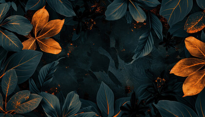 dark botanical backdrop with black leaves and golden accents