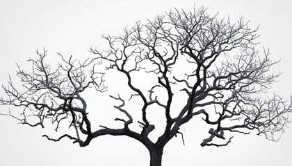 Spooky dead tree silhouette on white background for Halloween-themed designs. A symbol of death, fear, and tranquility. A dramatic and artistic element for creating eerie atmospheres.