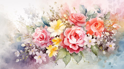 watercolor style illustration of flower bouquet blossom, background wallpaper, color splash technique texture. Generative Ai