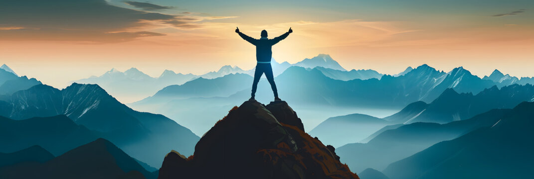 Positive man celebrating on mountain top, with arms raised up, illustration