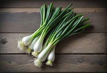 Freshly harvested scallions on weathered table with knife