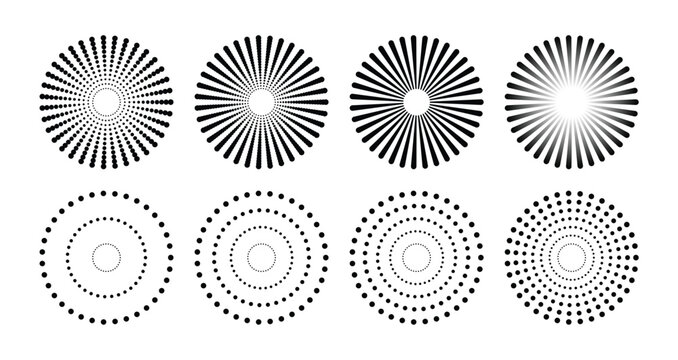 Halftone dots - half tone comic spray spiral dots - black and white grunge texture effect - sunbeam geometric vector 