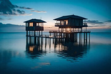 An overwater retreat standing alone amidst the calm ocean at twilight, its stilts creating a symphony of reflections, painting an ethereal scene on the glassy waters below.