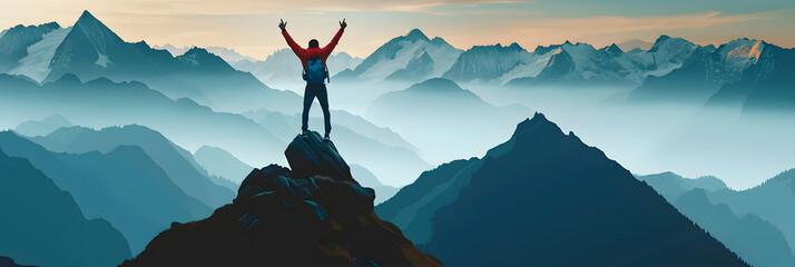 Positive man celebrating on mountain top, with arms raised up, illustration - obrazy, fototapety, plakaty