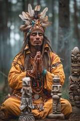 A Wild East shaman performing a ritual in a forest clearing, surrounded by tribal totems.