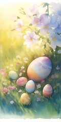 Fototapeta na wymiar Easter eggs in the grass. Watercolor paint. AI generated illustration