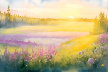 Spring meadow watercolor. AI generated illustration