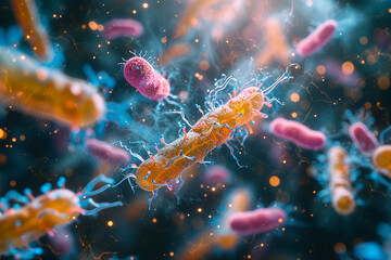 Abstract depiction of antibiotics attacking a cluster of bacteria.