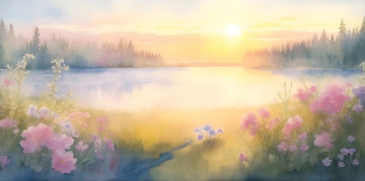 Spring meadow watercolor. AI generated illustration