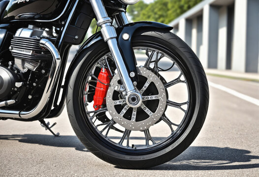 Close-up of a modern motorcycle's front wheel on pavement. Classic bike with sporty aesthetics, featuring a distinctive tire tread and spoked rims.