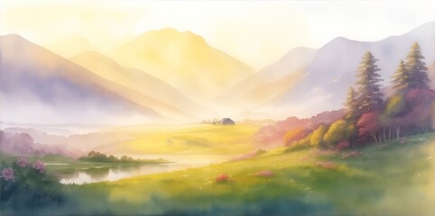 Spring meadow watercolor. AI generated illustration