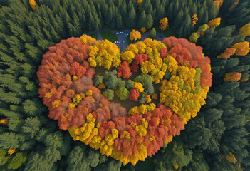Heart-shaped autumn tree canopy under a blue sky