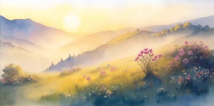 Spring meadow watercolor. AI generated illustration