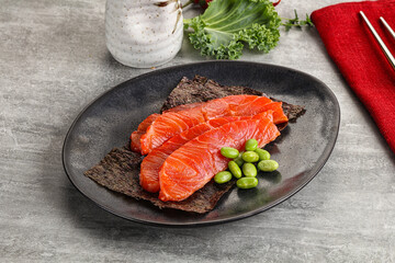 Sliced salmon sashimi in the plate