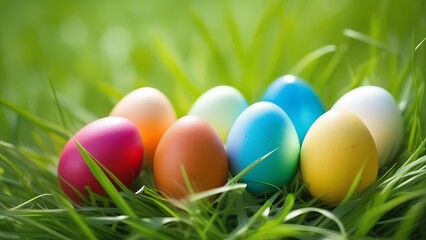 Fototapeta na wymiar search for colorful eggs lying in the green grass in the spring for Easter holidays, the concept of a greeting card or banner