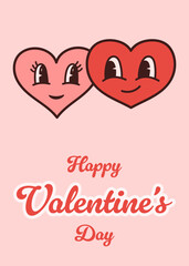 Valentine's day groovy greeting card. Lovely poster with cute heart characters.