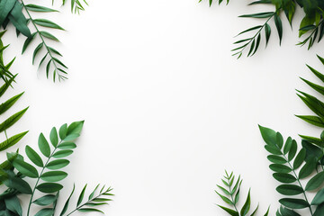 Green leaves frame. Herbal foliage border decoration on white background. Top view in copy space with a place for text. For invitations, wedding, greeting cards. Generative AI. 