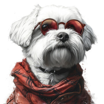 A Dandie Dinmont Terrier In Unique Vintage Glasses, Isolate Images White Background