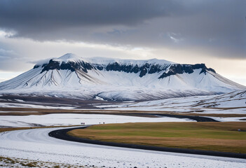 A snowy mountain in Iceland during spring.