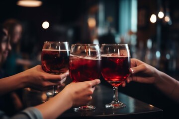 Des jeunes amis en train de boire un verre de vin rouge pendant une soirée festive.