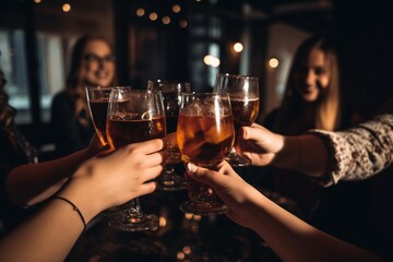 Des jeunes amis en train de boire un verre de vin rouge pendant une soirée festive. - obrazy, fototapety, plakaty