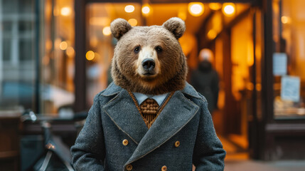Dapper bear struts through urban jungle, exuding street style in a tailored ensemble. Realistic cityscape forms the backdrop, capturing the essence of sophisticated, furry fashion - obrazy, fototapety, plakaty