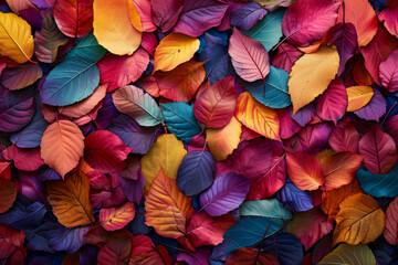 Fototapeta na wymiar Pile of colorful leaves. Background of colored leaves. Generative AI