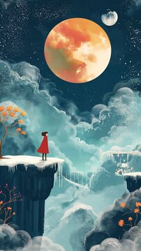 grungy noise texture art, a girl on mountain cliff edge under full moon sky, whimsical fantasy fairytale contemporary creative illustration, 9:16 ratio vertical, Generative Ai