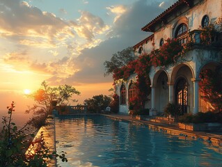 Obraz premium the pool at a mansion at sunset, calm seas and skies, naturalistic poses, travel, 32k uhd