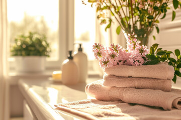 Bathroom with delicate flowers and towels on sunny background. Generative AI - obrazy, fototapety, plakaty