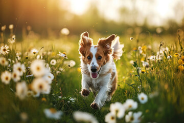Dog running through a field. Pet and spring. Generative AI
