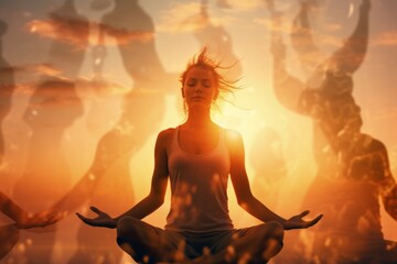 Woman practicing yoga at sunset on Yoga Day.