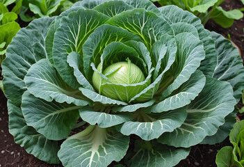Fototapeta premium Organic homestead with cabbage growing on raised garden bed