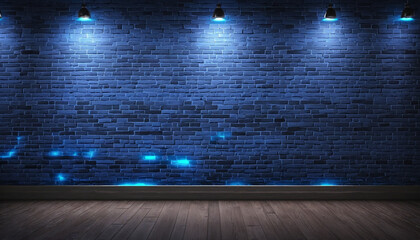 Blank brick wall illuminated by soft blue neon light with space for text. High-quality stock photo of empty background with glowing blue lighting effect on bricks for texture.