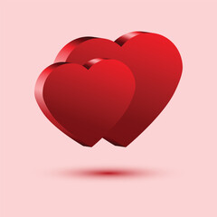 Red 3D hearts on light background with shadow. Holiday card, postcard. Vector