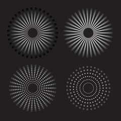 Halftone dots - half tone comic spray spiral dots - black and white grunge texture effect - sunbeam geometric vector 