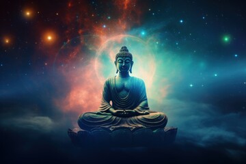 Meditating Buddha with Chakras in Deep Space
