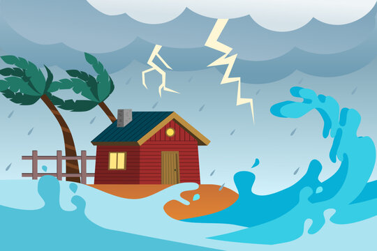 Tsunami seascape storm landscape. Big waves and a house on the beach. Vector illustration.