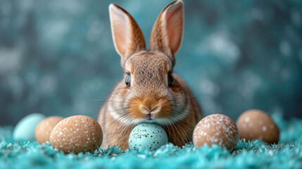 Fototapeta na wymiar Cute little rabbit with Easter eggs on a blue background, closeup.