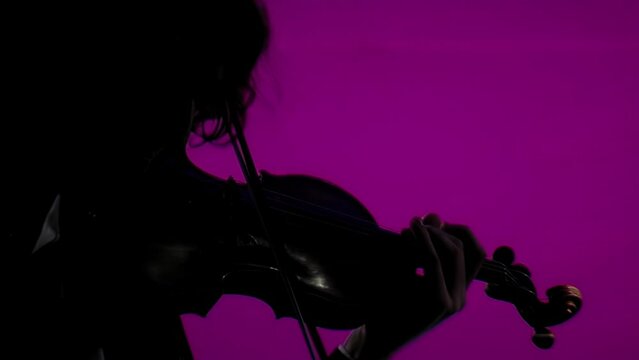 Silhouette of A Young Violinist Against Pink Background on Stage in Buenos Aires, Argentina. Close Up.