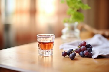 grape juice in wine glass, grape cluster on table