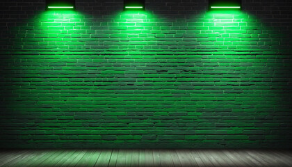 Green neon light illuminating empty brick wall with copy space. Blank background with high-quality stock photo of glowing green color on bricks.