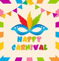Happy carnival poster with colorful bunting and brazilian mask