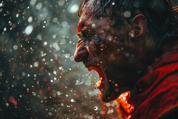 Headshot side view of a screaming man in pain, drops of blood and rain. Cinematic action